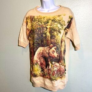 Zara Basic T Shirt, novelty bear woods nature print, long line cream, s